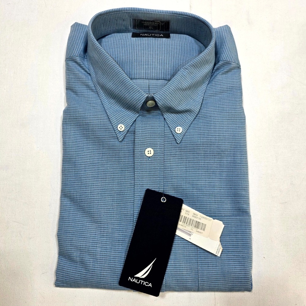 Nautica Button Down Shirt Men XL Aqua Micro Check Long Sleeve W38015 Dress Shirt